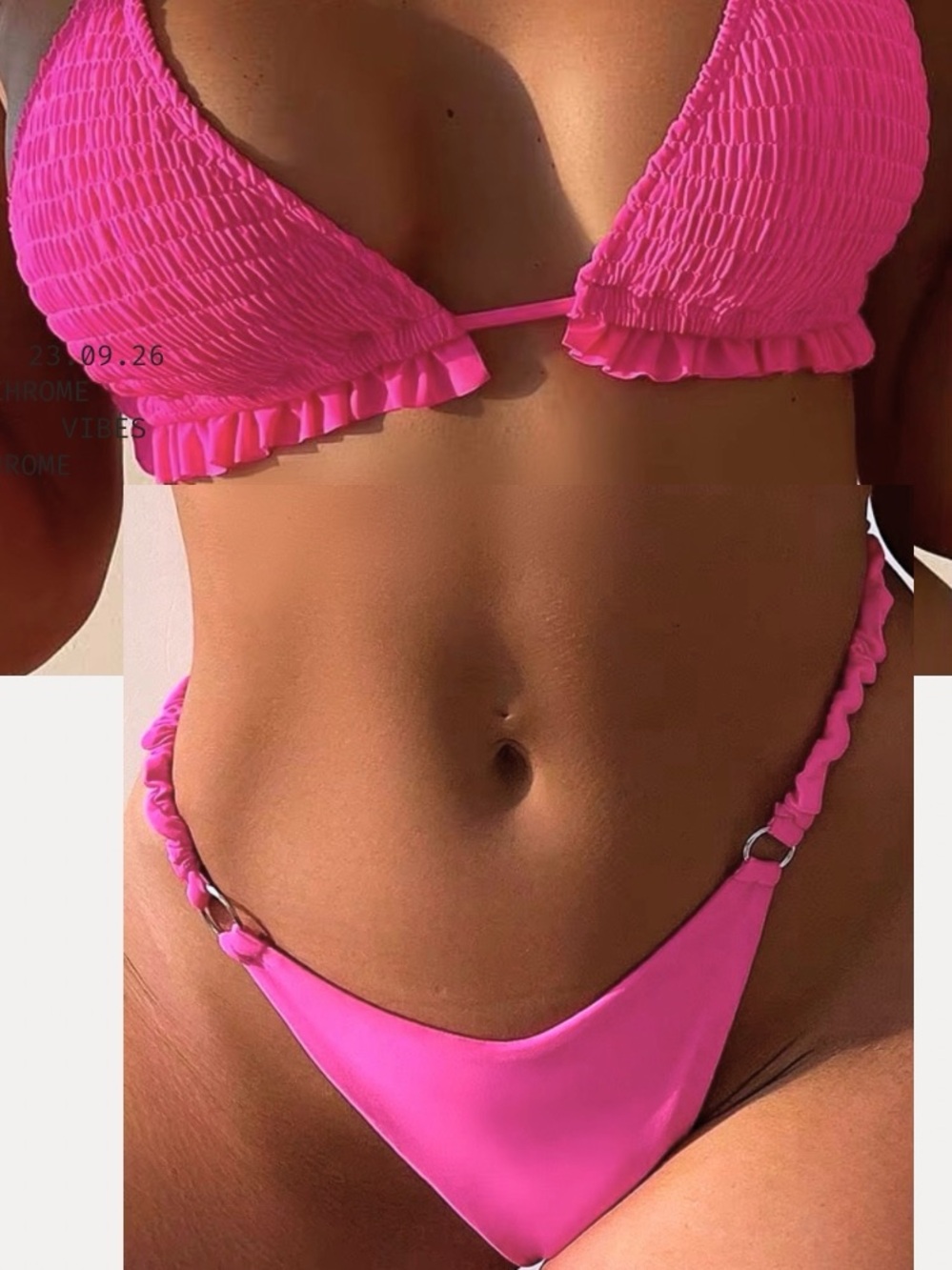 Hot Pink Triangle Ruffle Bikini Top and Thong Bottom.